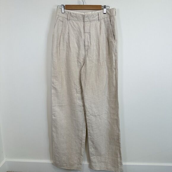 AE77 American Eagle Linen Trouser Pants Womens Size 6 Ivory Pleated Wide Leg - Picture 1 of 12